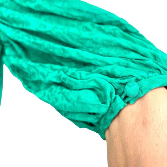 Vtg Garfinckels Green Silk Dress 80s Womens 6 Jacquard Print Puff Sleeve Pleated - Picture 7 of 12